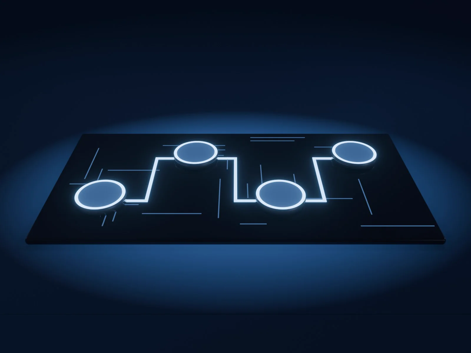 A glowing circuit board: four lit pads joined by electric traces, for the four steps of an automation: new inquiry, instant reply, booked on your calendar, review request