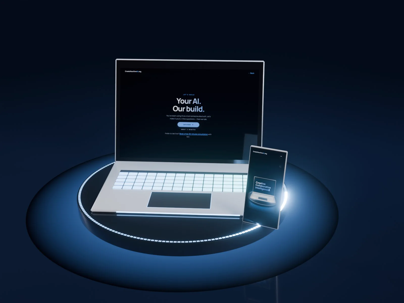 Our silver laptop open on a glowing stand, scrolling through this website, with a phone beside it showing the homepage